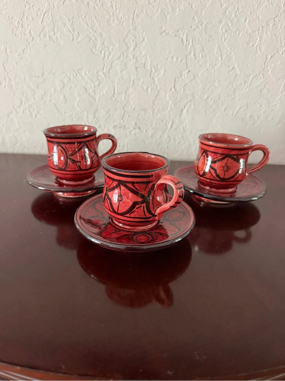 Moroccan Hand Painted Ceramic Espresso Demitasse Cups Saucers Set of 3
